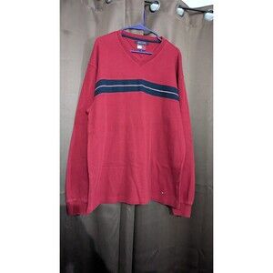 TOMMY HILFIGER Mens Red and Blue Stripe Long Sleeve V-Neck Shirt Size XL